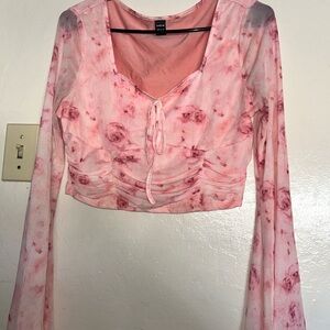 SHEIN Pink Rose Print Ruched Blouse